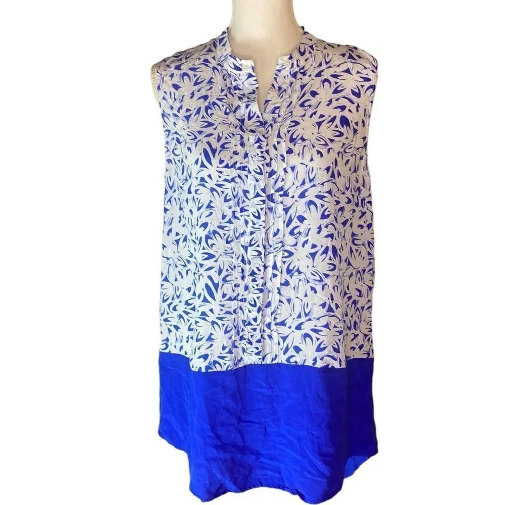 Anthropologie MAEVE Wms Sz 14 Blue White Silk Abstract Sleeveless Tunic Blouse